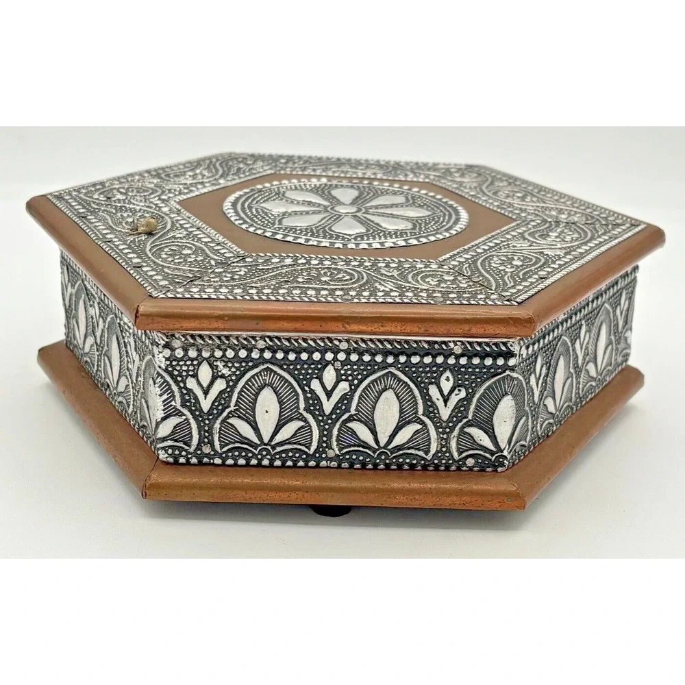 Vintage Embossed Silver Copper & Metal Hexagonal Trinket Box‎ 4 Compartment